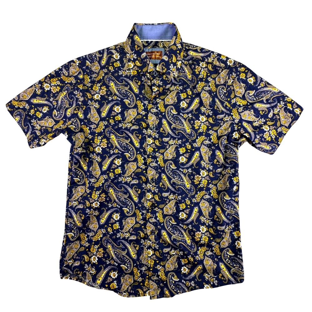 Consequence Button Down Shirt Men's Small Navy Blue Yellow‎ Paisley Floral Boho